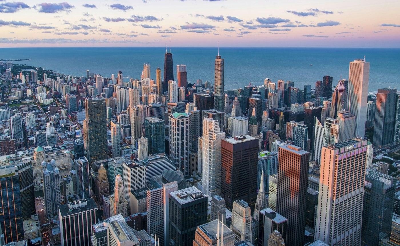 City skyline at dusk